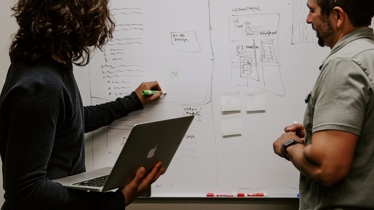 Business meeting with a whiteboard mapping out a workflow before automation
